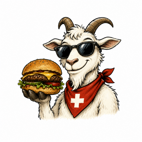Ziege mit Burger, Schweiz, 2026 Ziege mit Burger, Schweiz, 2026
